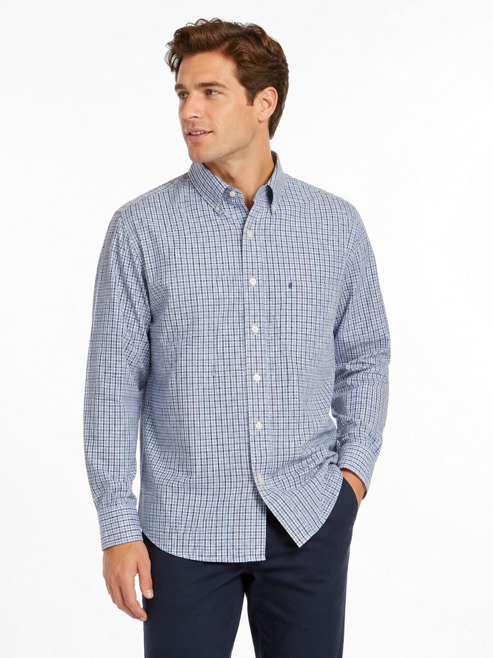 Dan245 IZOD Mens 2XLT Blue White Plaid Button Down Long Sleeve Shirt Tall